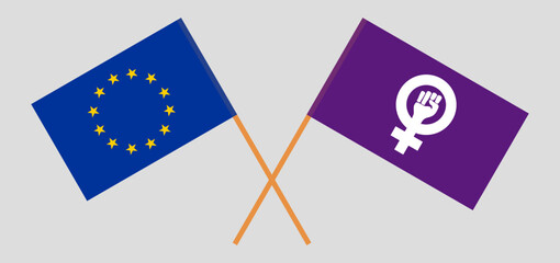 Crossed flags of the European Union and Feminism. Official colors. Correct proportion