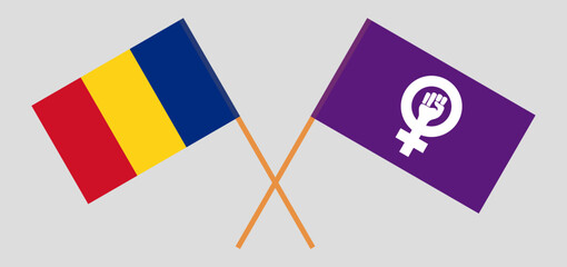 Crossed flags of Romania and Feminism. Official colors. Correct proportion