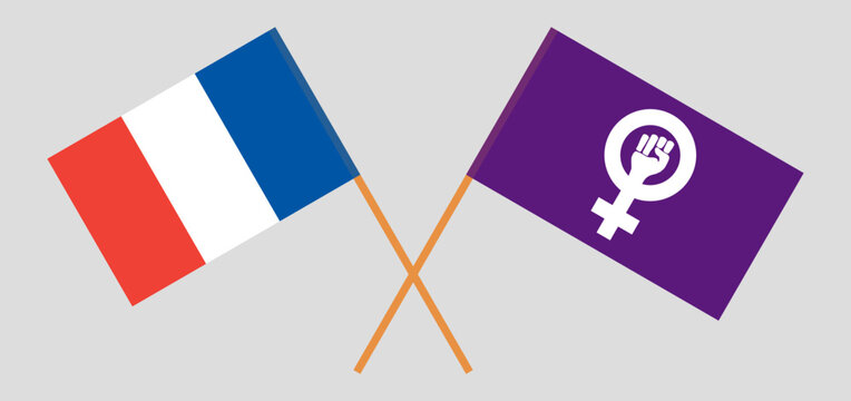 Crossed flags of France and Feminism. Official colors. Correct proportion