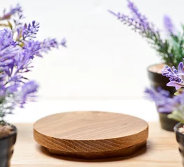 Foto op Aluminium lavender flowers on a Wooden podium © OMG Snap