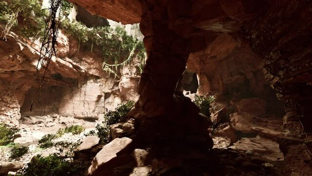 cave in an extinct volcano covered with grass and plants