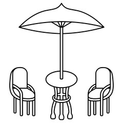 Table with umbrella and two chairs. Sketch. Outdoor furniture. Vector illustration. Outdoor interior element with protection from rain and sun. Country table with a round top 