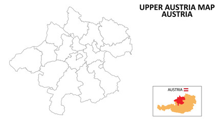 Fototapeta premium Upper Austria Map. State and district map of Upper Austria. Political map of Upper Austria with outline and black and white design.