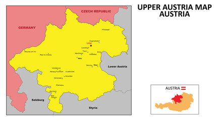 Fototapeta premium Upper Austria Map. State and district map of Upper Austria. Political map of Upper Austria with the major district