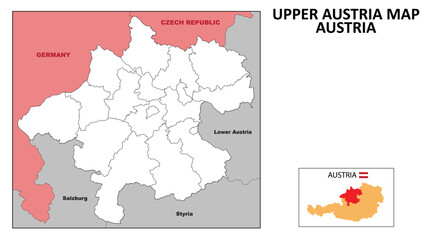 Upper Austria Map. State and district map of Upper Austria. Political map of Upper Austria with outline and black and white design.