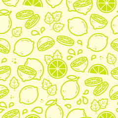 Mojito cocktail citrus for surface design package, banner, template, kitchen, fabric and textile design. Lime, lemon, mint, splash vector seamless pattern in outline style
