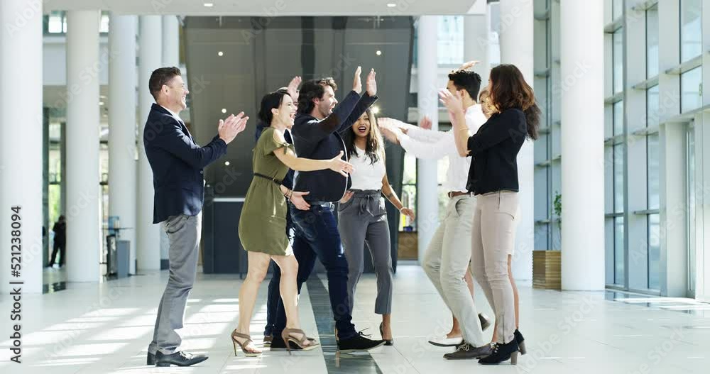 Sticker High five, jumping and celebrating with a group or team of colleagues and coworkers happy about success at work. Young and diverse business people cheering teamwork, unity and working together