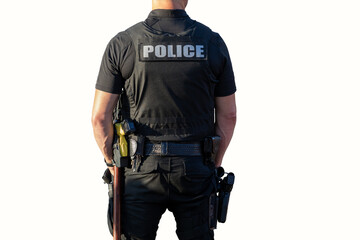 Police officer on duty in uniform with gun and taser - back of officer on isolated on white background