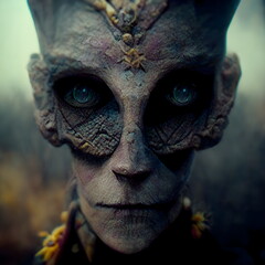 Alien creature creepy Portrait 3D illustration with dramatic lighting in a front position reflecting the cultural heritage of another world