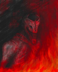 Demonic creature with big scary teeth, horror illustration, fire, blood and wounds, devil satanic art