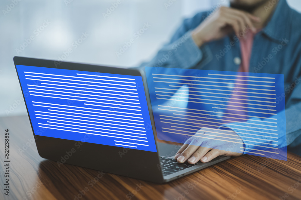 Poster businessman using computer on cloud computing document