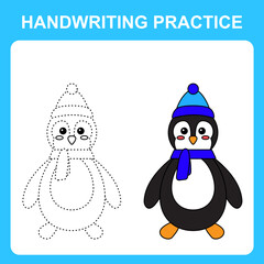 Handwriting practice. Trace the lines and color the penguin. Educational kids game, coloring book sheet, printable worksheet. Vector illustration