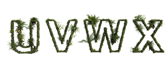 Letters and numbers decorated with plants on a white background.