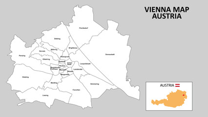 Vienna Map. State and district map of Vienna. Administrative map of Vienna with district and capital in white color.