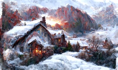 Cozy stone house in mountains. Beautiful winter landscape. Peaceful and calm snowy scene. Digital painting illustration.