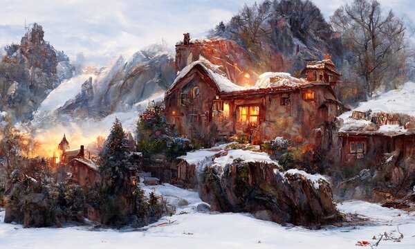 Cozy stone house in mountains. Beautiful winter landscape. Peaceful and calm snowy scene. Digital painting illustration.