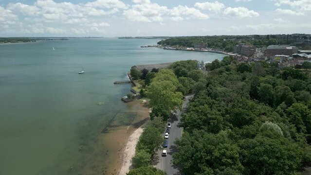 Drone footage of the road near the River Stour. Manningtree, England.