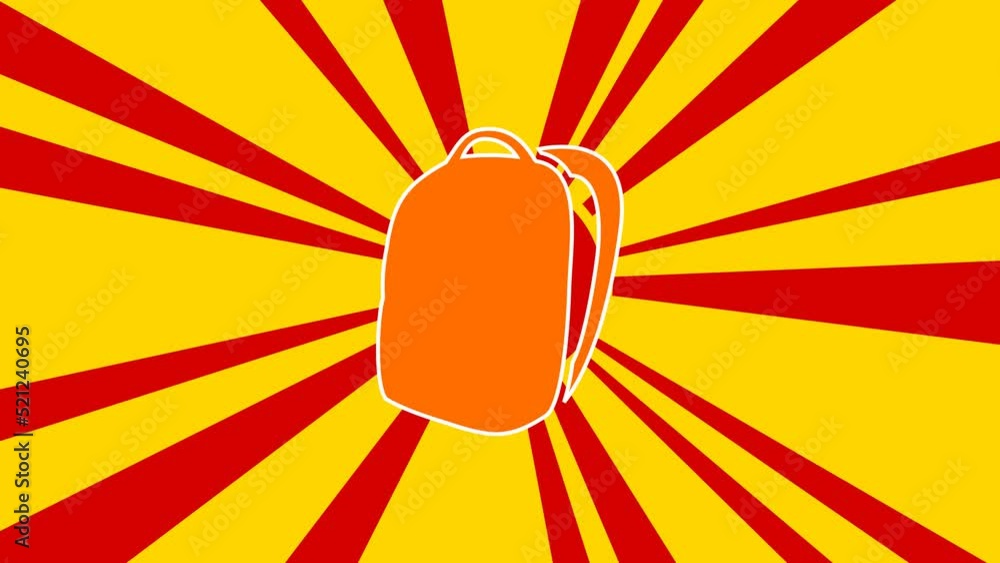 Poster school bag symbol on the background of animation from moving rays of the sun. large orange symbol in
