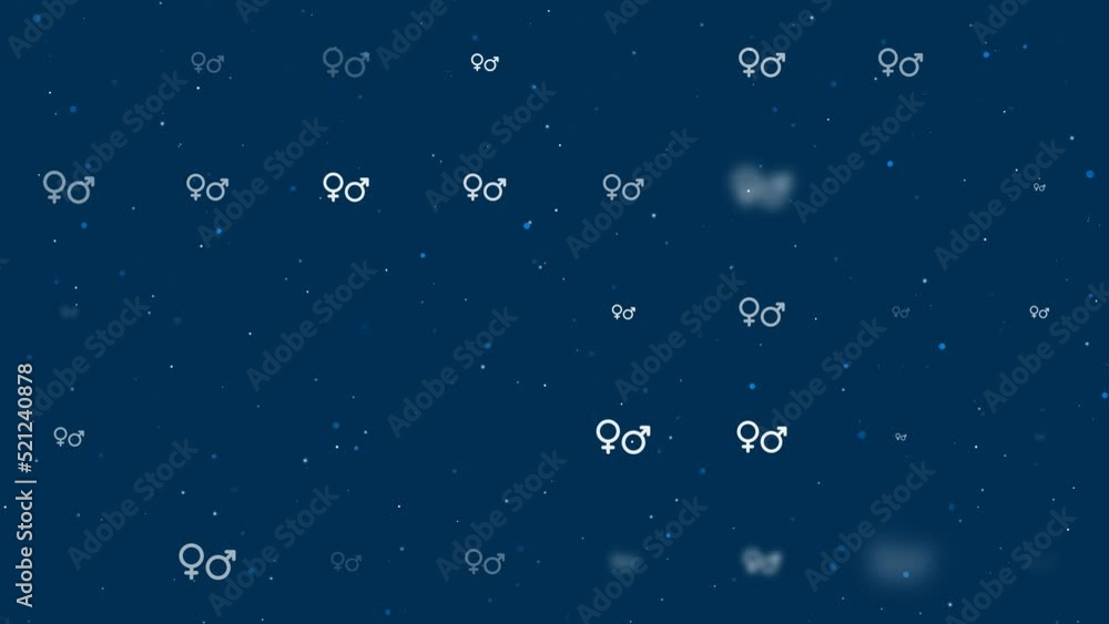 Poster Template animation of evenly spaced gender symbols of different sizes and opacity. Animation of transparency and size. Seamless looped 4k animation on dark blue background with stars