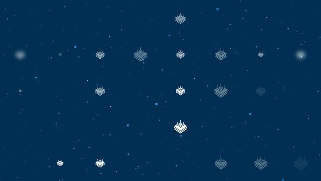 Template animation of evenly spaced absorbent symbols of different sizes and opacity. Animation of transparency and size. Seamless looped 4k animation on dark blue background with stars