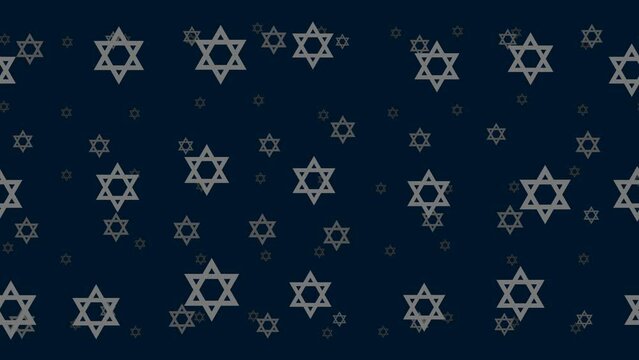 Star of David symbols float horizontally from left to right. Parallax fly effect. Floating symbols are located randomly. Seamless looped 4k animation on dark blue background