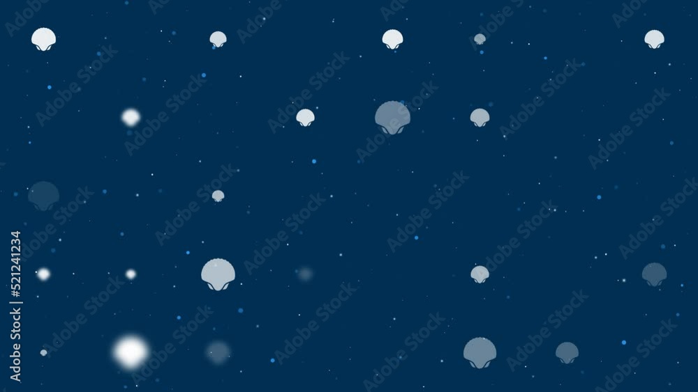 Poster template animation of evenly spaced sea shell symbols of different sizes and opacity. animation of t