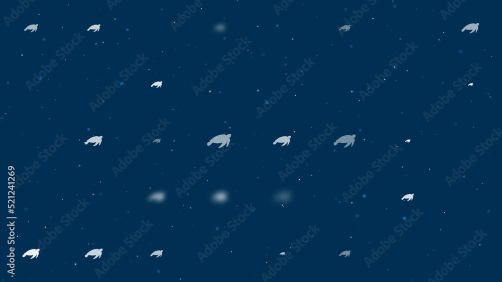Poster template animation of evenly spaced sea turtle symbols of different sizes and opacity. animation of 