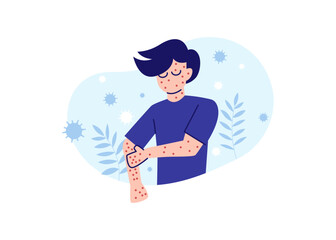 Monkeypox or Monkey Pox Symptoms Flat Illustration Vector Isolated. A man scratching his hand because of monkeypox symptoms.