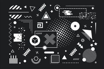 Memphis geometry dark memphis background. Black and white geometric shapes. abstract backdrop or wallpaper vector illustration
