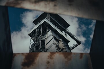 Low angle shot of an abandoned prison tower behind taken from a steel building