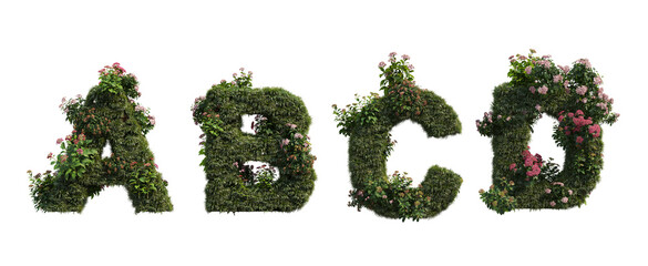 Letters and numbers decorated with plants on a white background.