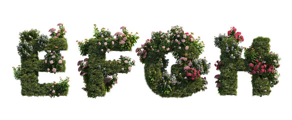 Letters and numbers decorated with plants on a white background.