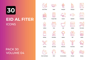  Eid ul Fitter icons collection. Set contains such Icons as meeting, prayer mat, calendar, and more