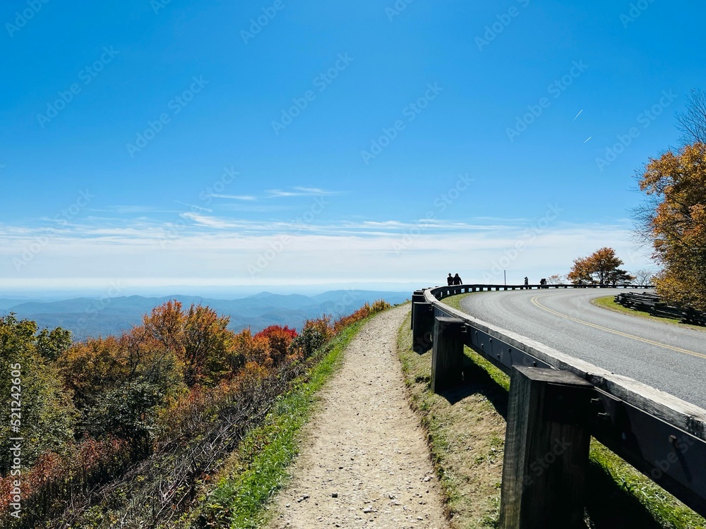 Poster beautiful view of the empty highway along with autumn trees under sunlight