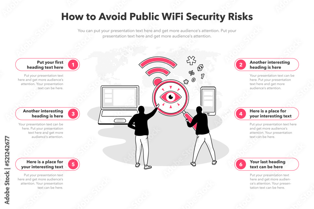 Poster Simple infographic template for how to avoid public wifi security risks. 6 stages template with a laptop, a cell phone and two hackers as a main symbol.