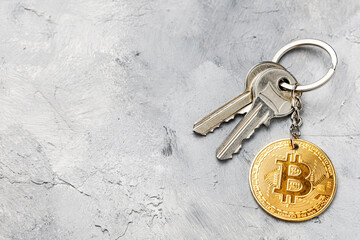 Crypto wallet security. Keys with a bitcoin keychain on a wooden background. Template Copy space for text. mock-up