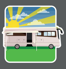 House on wheels. Colored sticker. Motorhome on the background of nature. Trailer with open door and cornice.