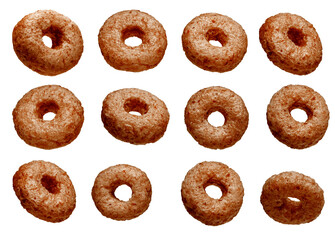 Set of cornflakes chocolate rings for breakfast. Isolated on white.