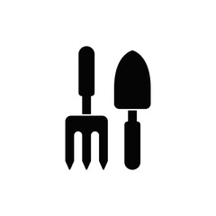 Farming fork and shovel, gardening tools icon in black flat glyph, filled style isolated on white background