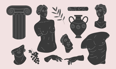 Set of antique greek sculptures in hand drawn style. Vector illustration.