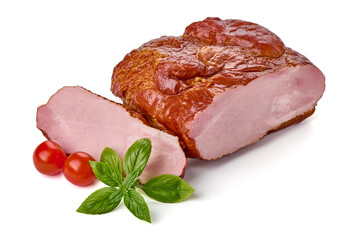 Roasted pork meat, smoked spicy glazed meat, isolated on white background.