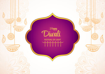 Happy diwali  background with illuminated oil lamps and floral mandala
