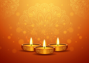 Happy diwali festival with illustration of realistic illuminated oil lamps and floral mandala