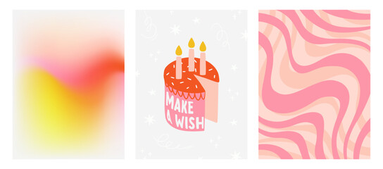 Birthday card and abstract backgrounds. Print with a cute cake with candles. Gradient background and pattern with wavy lines. Simple vector illustration. Design of a invitations, postcard,print,poster
