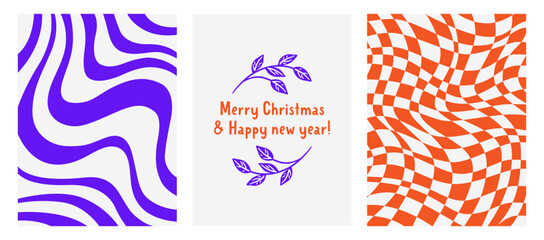 Fototapeta na wymiar A postcard with the inscription Merry Christmas and Happy New Year, distorted checkered background and abstract wavy print. Simple vector illustration. Design of a invitations, postcard,print,poster