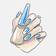 Female hand with long nails holds nail polish, trendy nail design