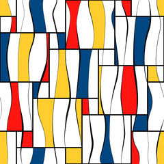 Fototapety  Bauhaus seamless pattern. Repeating mondrian shape. Cubism yellow, blue and red color. Repeated geometric patern for design prints. Repeat abstract geometry graphic. Modern style. Vector illustration