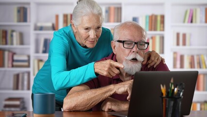 Senior elderly couple sitting at home making video call using laptop computer together having fun smiling.