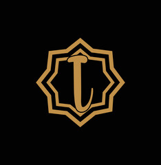 Letter I inside Gold star logo. Award 3d icon. Golden logotype template. Volume Vector illustration.