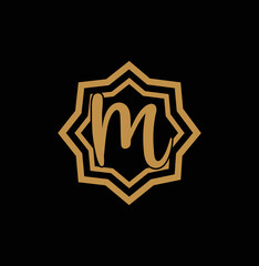 Letter M inside Gold star logo. Award 3d icon. Golden logotype template. Volume Vector illustration.